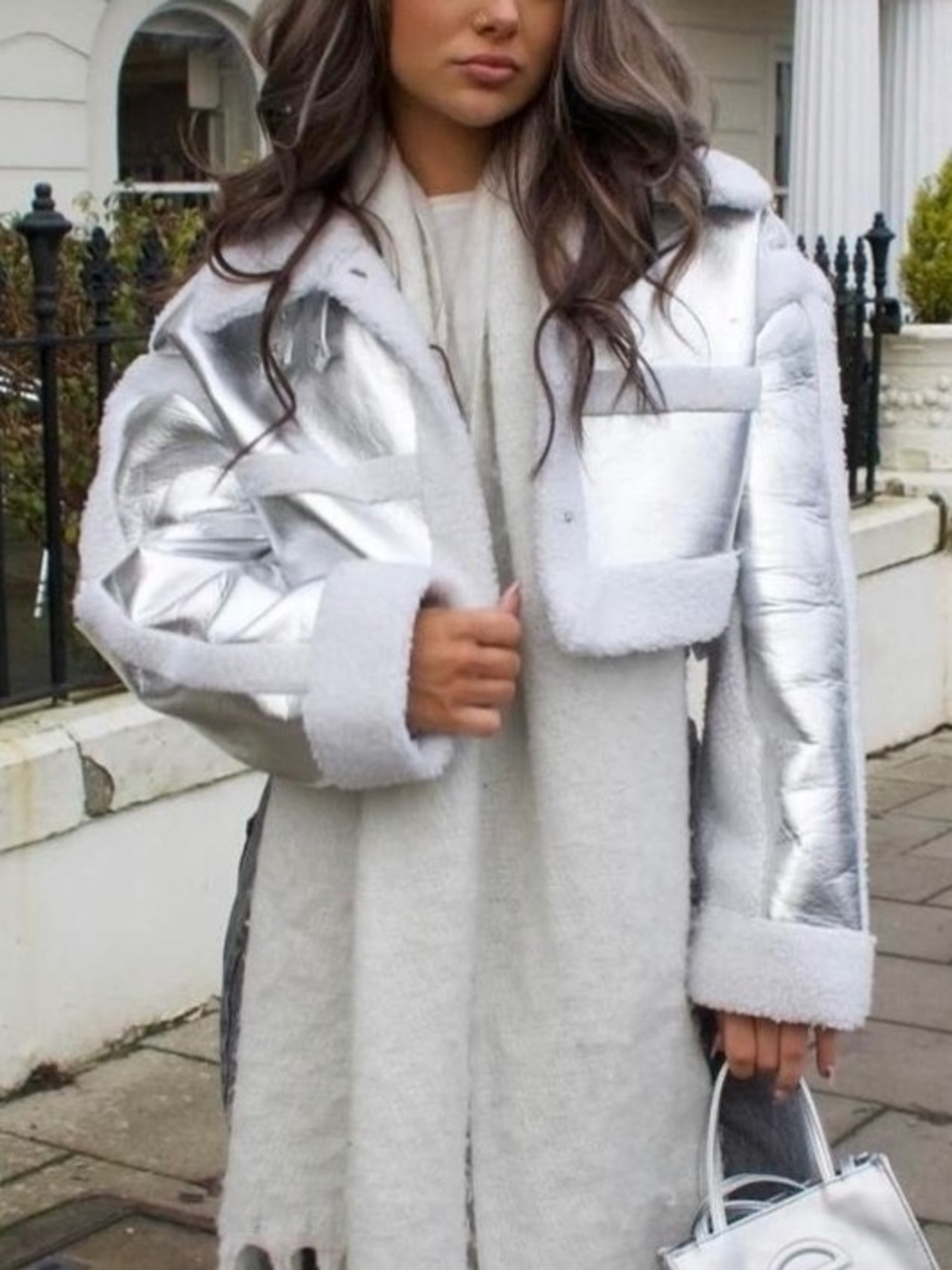 PrettyLittleThing Cropped Borg Lined Silver Metallic Aviator Jacket Size US 6